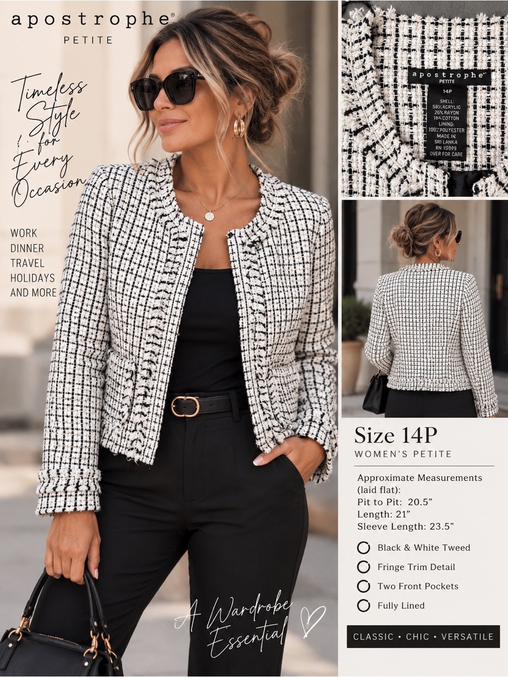 Apostrophe Petite Women’s 14P Black & White Tweed Fringe Jacket